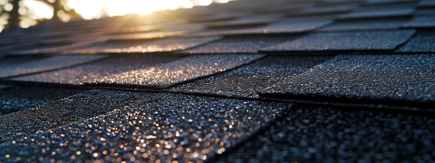 a close-up photo of a sleek, black asphalt shingle roof, glistening in the sunlight to showcase its versatility and affordability.