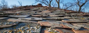 a dilapidated roof with missing shingles and visible water damage.