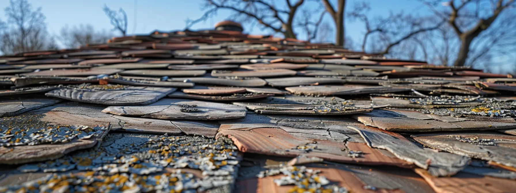 a dilapidated roof with missing shingles and visible water damage.