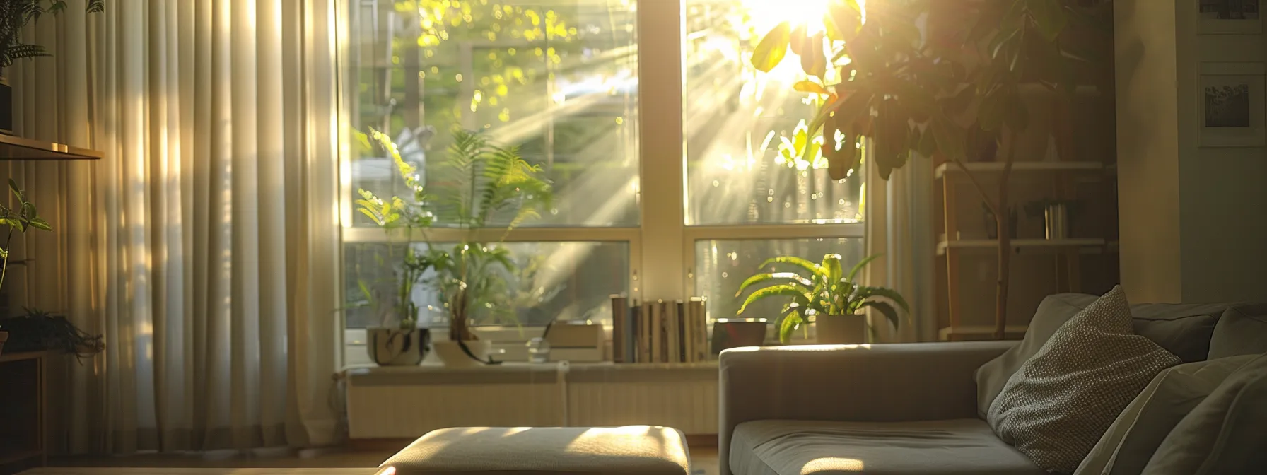 a modern, bright living room with sunlight streaming through sleek, energy efficient window replacements.