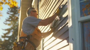 A man performing maintenance on house siding