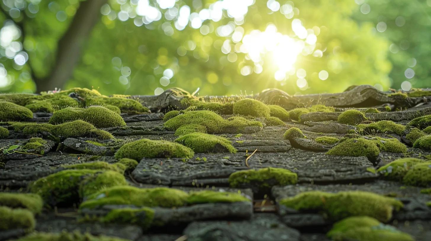 a close-up shot of a weathered roof covered in vibrant green patches of algae and moss, illuminated by soft, diffused sunlight filtering through nearby trees, highlighting the texture and color contrasts against the aged shingles.