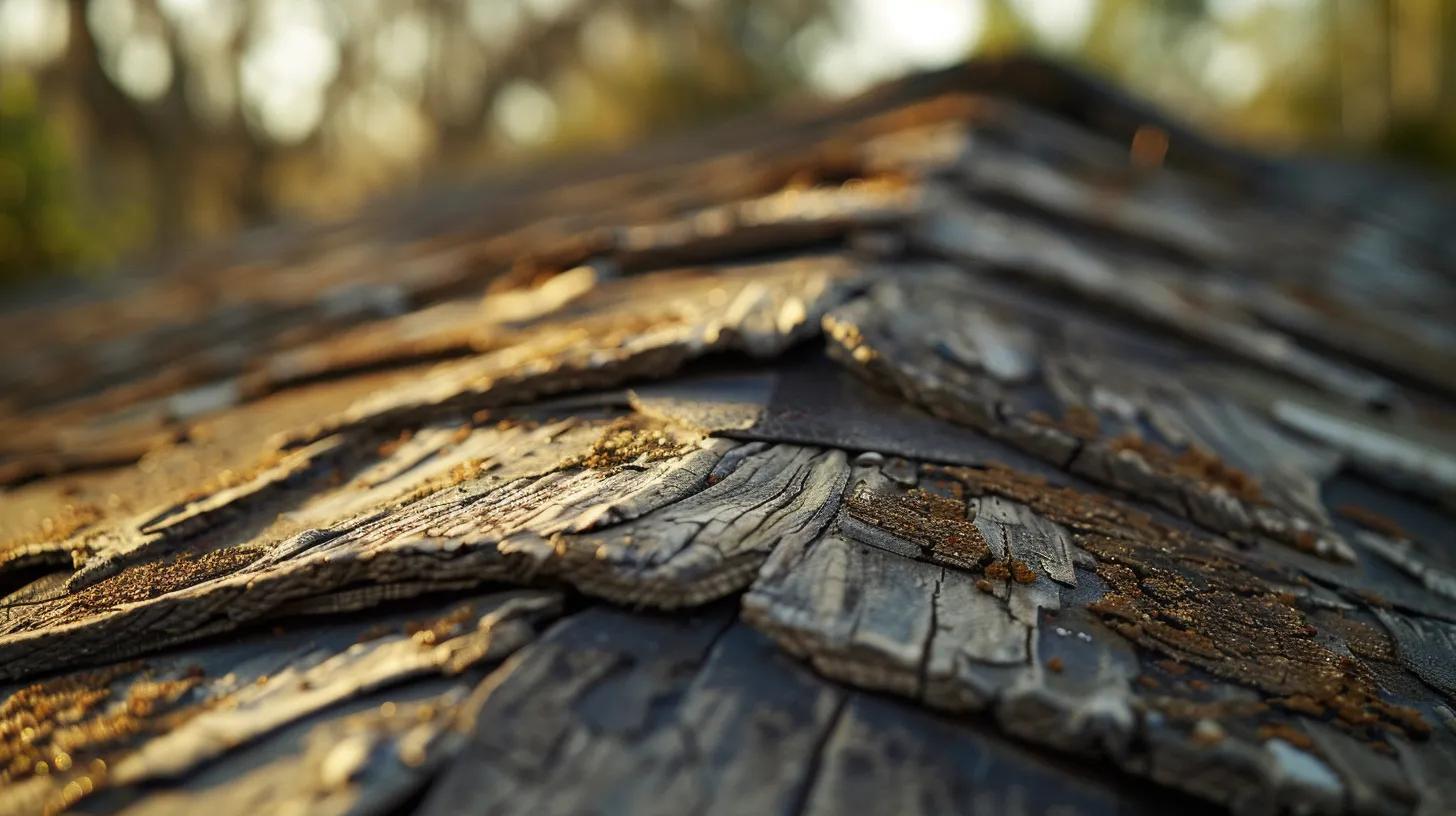 a close-up view of a weathered roof showcasing missing, cracked, and curled shingles, with granules collecting in the gutters, under soft morning light that highlights signs of neglect and potential water damage.