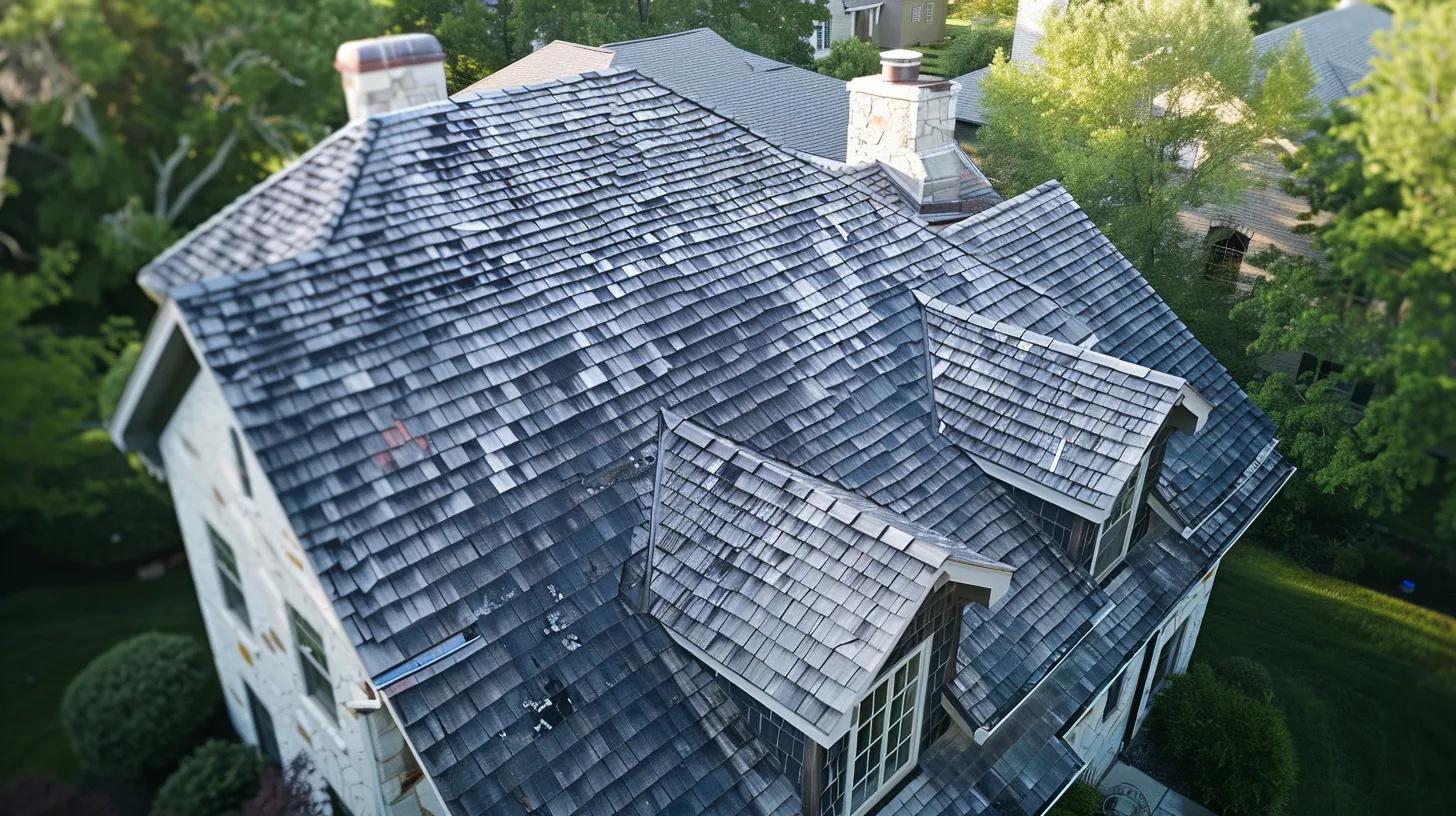 a dramatic aerial view of a residential home showcases a weathered roof with missing shingles and visible water stains, emphasizing the urgent need for maintenance and repair to protect the home from further damage.