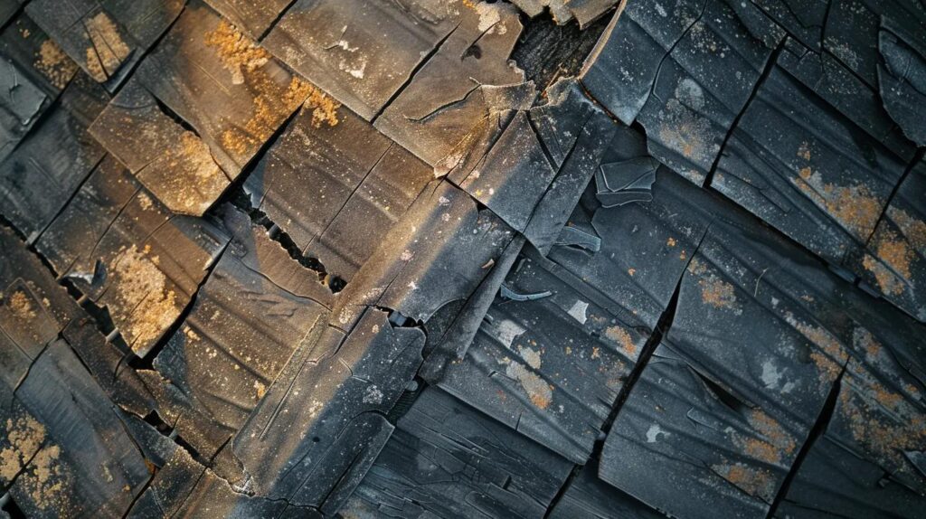 a dramatic overhead shot of a weathered roof with visible cracks and missing shingles, bathed in golden hour light, highlighting key areas that indicate urgent repairs are needed.