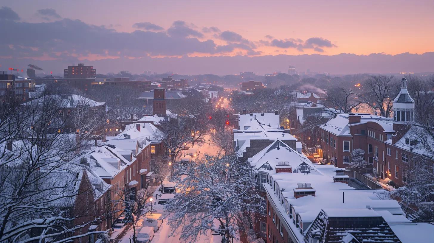 a dramatic winter skyline over alexandria, va, showcases snow-dusted rooftops under a pale twilight sky, emphasizing the seasonal challenges faced by roofers.