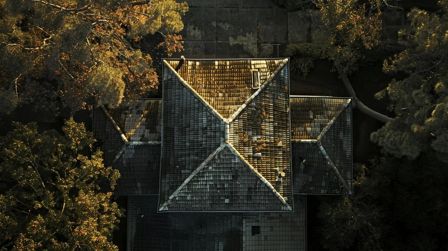 a striking overhead view of a sagging roof, showcasing visible dips and bulges highlighted by the soft glow of early morning light, emphasizing the urgency of structural evaluation and repair.