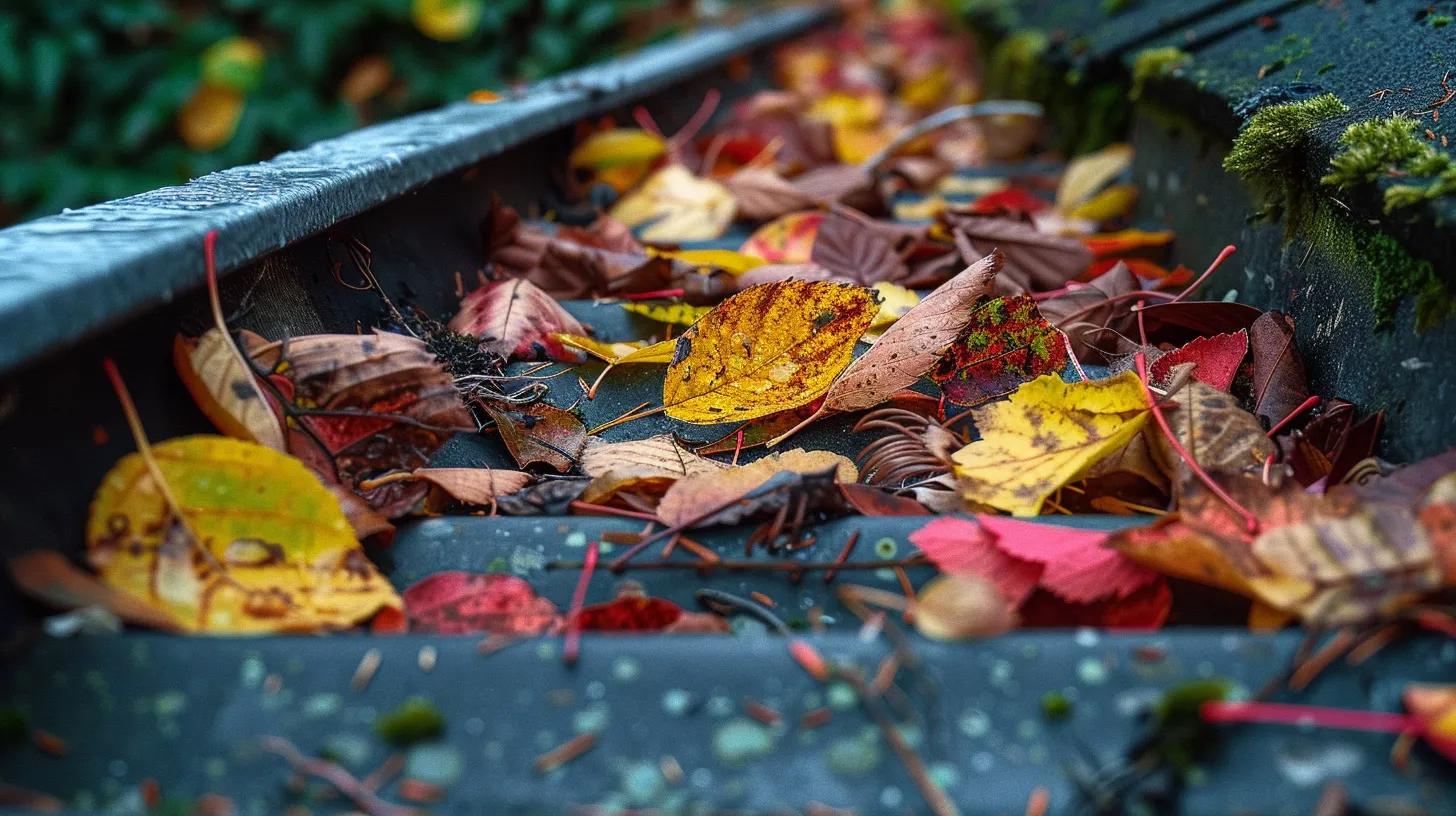 a vibrant close-up of a neglected gutter filled with a thick layer of colorful leaves and twigs, illuminated by soft, natural sunlight, highlighting the urgent need for maintenance.