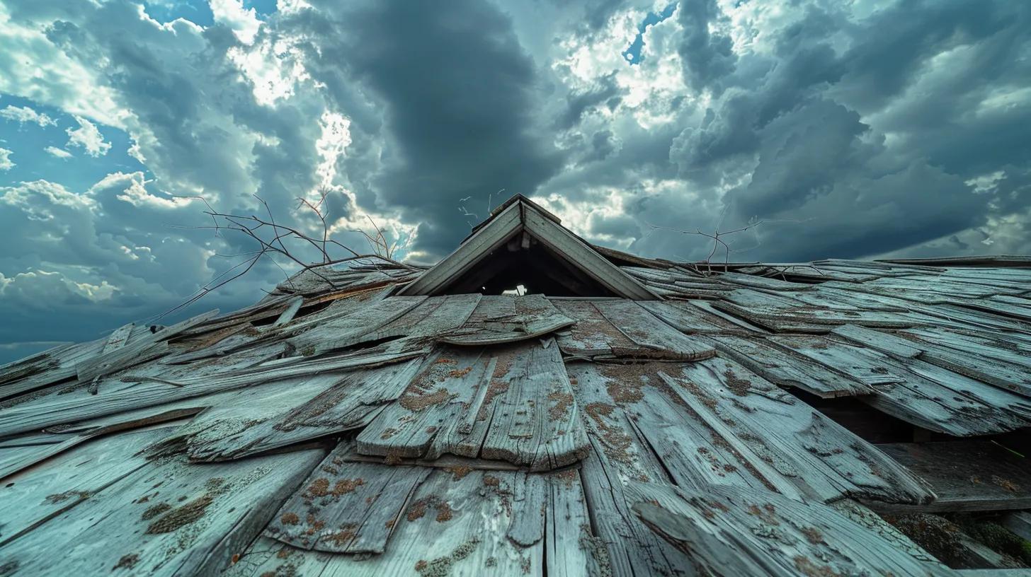 a weathered roof, showcasing cracked and missing shingles, reflects the impact of strong winds and hail, under a dramatic sky that hints at approaching storms.