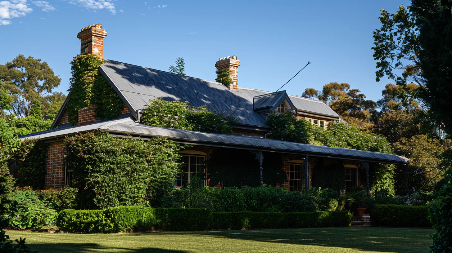 a beautifully maintained house with a pristine roof glistening in the sunlight, symbolizing the financial wisdom of routine inspections through vibrant greenery and a clear blue sky.