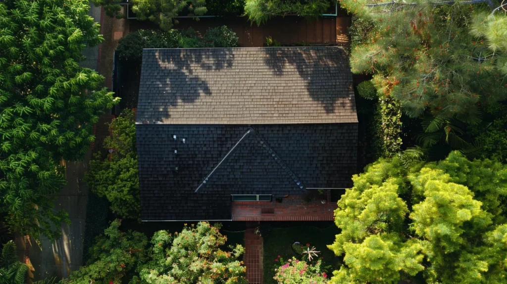 a captivating aerial view of a well-maintained roof atop a charming house, showcasing vibrant shingles glistening under the bright afternoon sun, framed by lush greenery for an inviting atmosphere.
