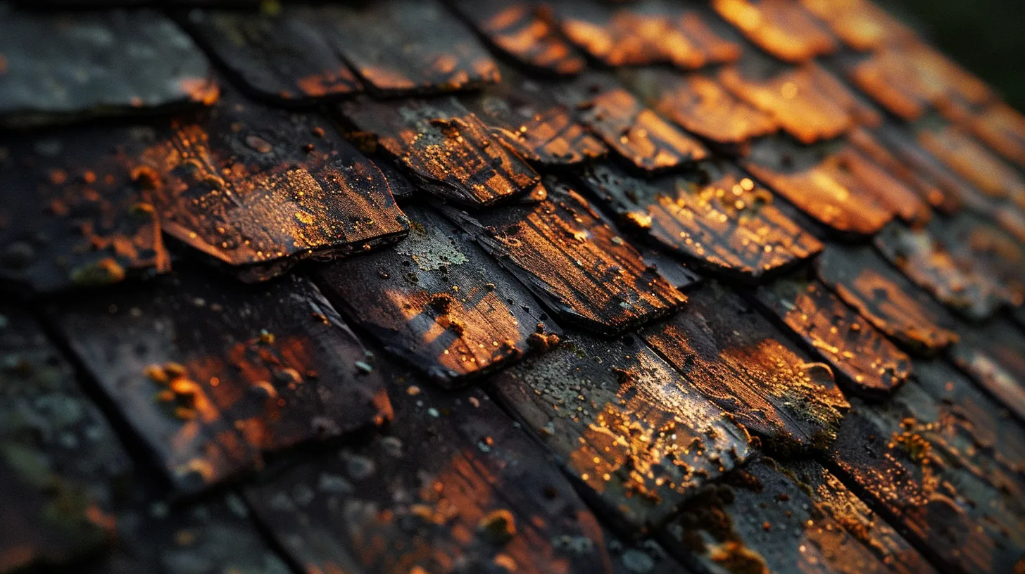 a close-up view of a weathered roof showcasing worn-out shingles and rusting flashing, illuminated by soft, golden hour sunlight that accentuates potential leak points near vents and chimneys.