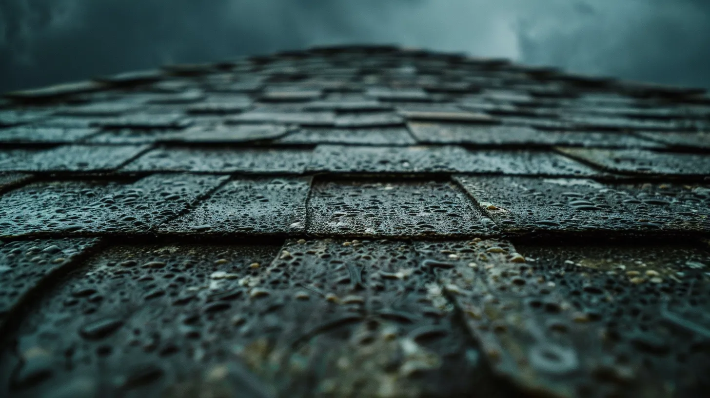 a close-up shot of a weathered roof with visible water stains and curled shingles under stormy skies, symbolizing the urgent need for inspection and maintenance.