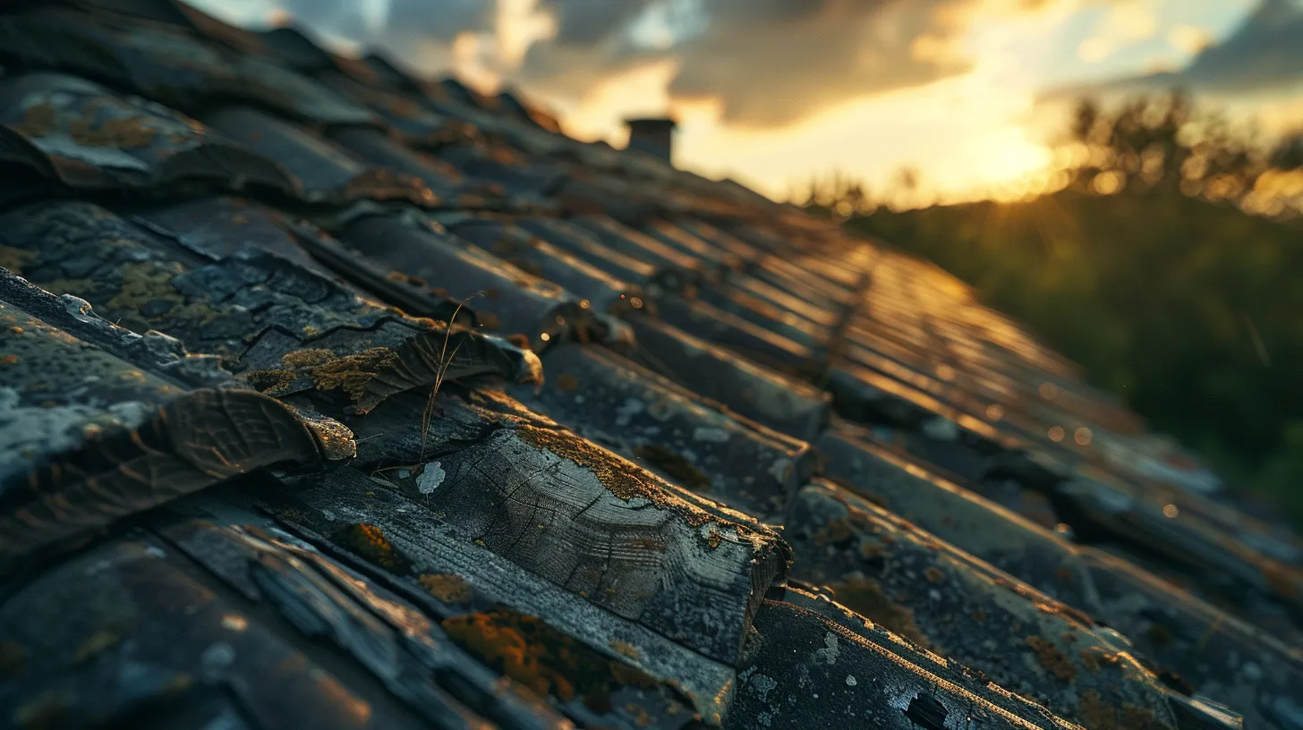 a close-up view of a weathered roof, showcasing visible signs of damage, illuminated by golden hour sunlight filtering through scattered clouds, emphasizing the importance of professional inspection for proper maintenance.