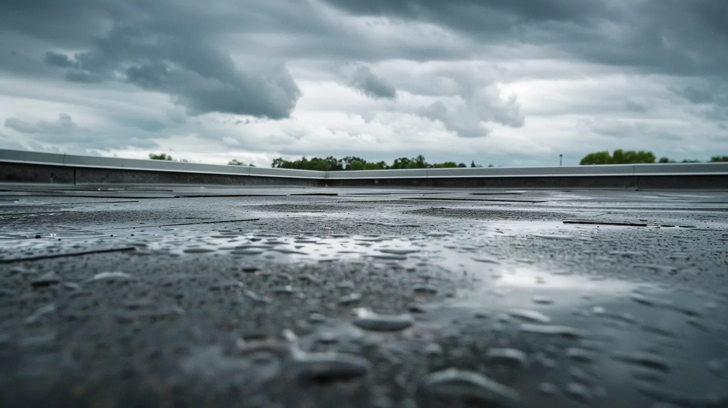 a close-up view of a flat roof after a heavy rain, showcasing pooling water and signs of wear on the membrane, under a gray sky with dramatic clouds, emphasizing the importance of roof inspection to prevent leaks.