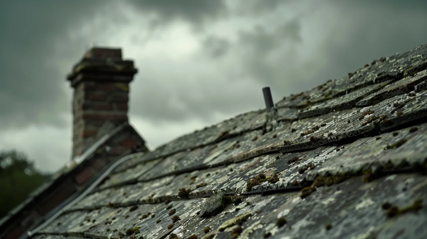 a close-up view of a weathered roof showcasing deteriorating flashing around a chimney, with visible damp spots implying potential water leaks under a dramatic overcast sky.