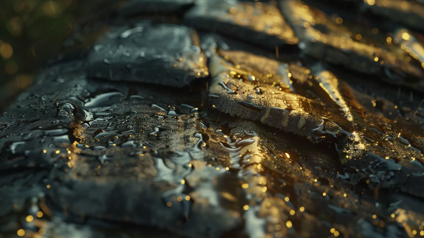 a close-up view of a weathered roof showcasing distinct signs of leaking, with vibrant sunlight illuminating the intricate textures of the shingles and darkened water stains, highlighting the urgency of inspection.