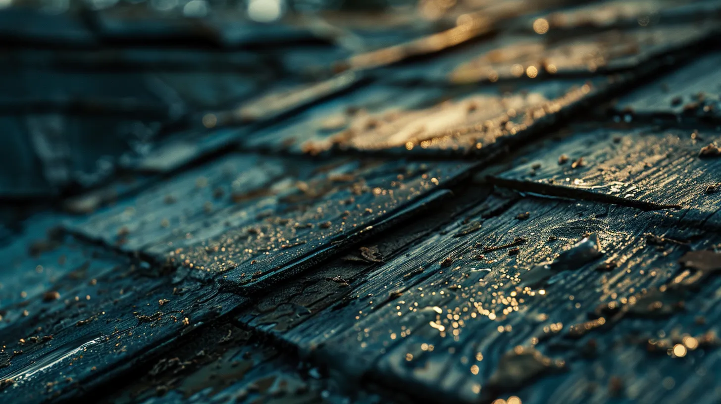 a close-up shot of a weathered roof showcasing various signs of wear, including missing shingles and water stains on the ceiling below, illuminated by soft, natural light filtering through a nearby window.