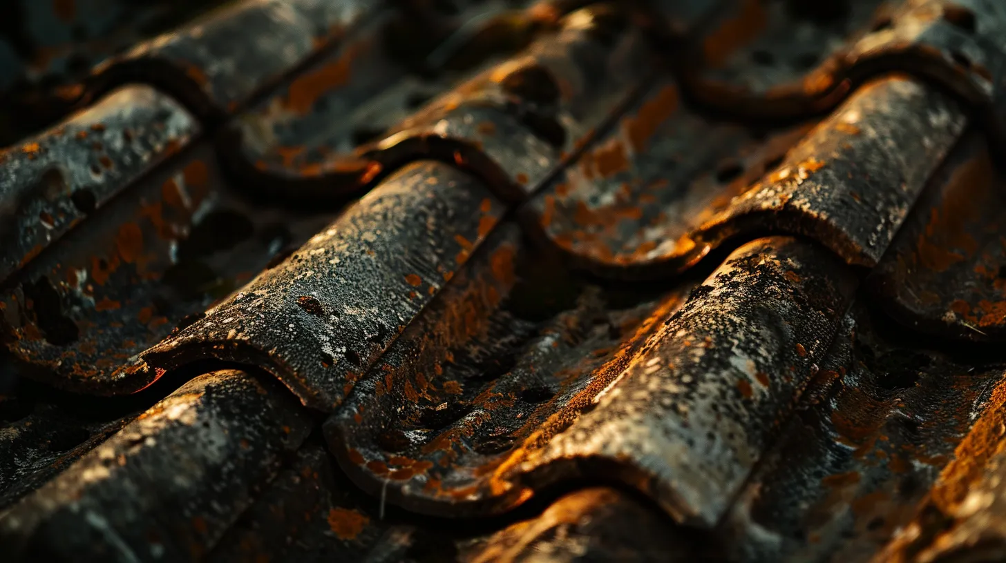 a close-up view of a weathered roof featuring visible flashing and sagging areas, illuminated by soft, natural light that highlights potential leak signs, emphasizing the importance of regular inspections for home maintenance.