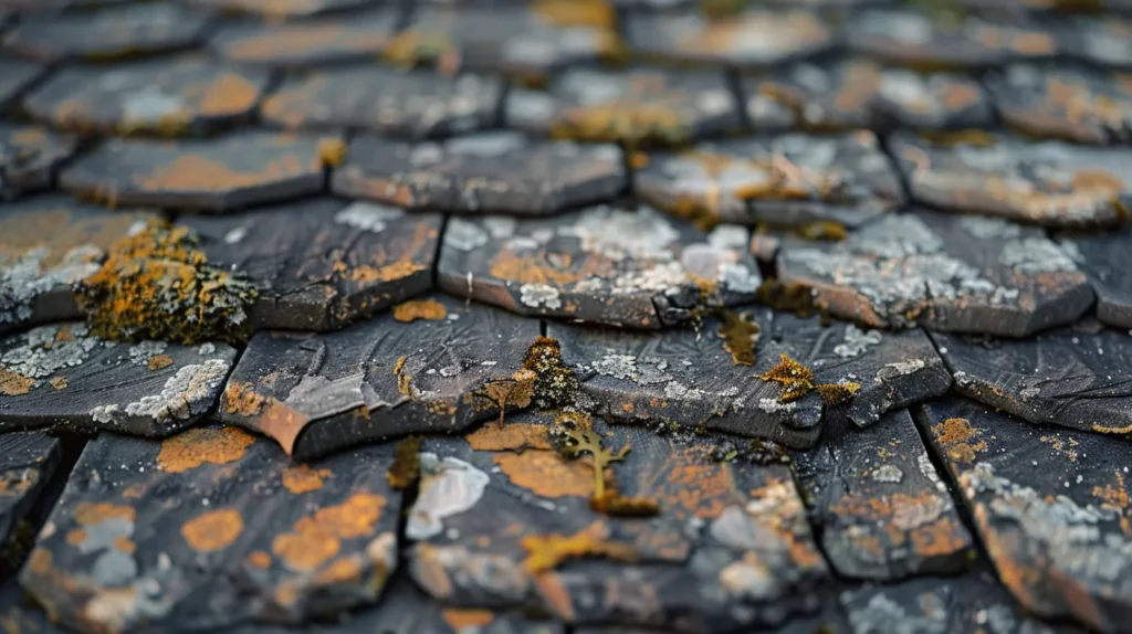 a close-up shot of an aged rooftop, showcasing prominent signs of wear such as cracked shingles, faded colors, and patches of moss, illuminated by soft morning light to highlight the texture and detail of its deterioration.