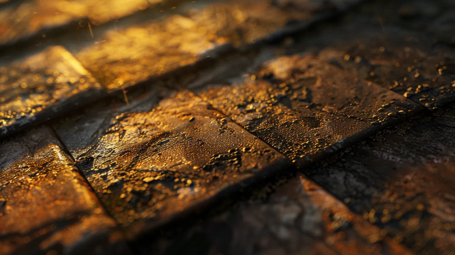 a close-up view of a weathered roof with visible signs of wear, including damp spots and sagging areas, illuminated by soft, natural sunlight, highlighting the importance of regular inspections to prevent water damage.