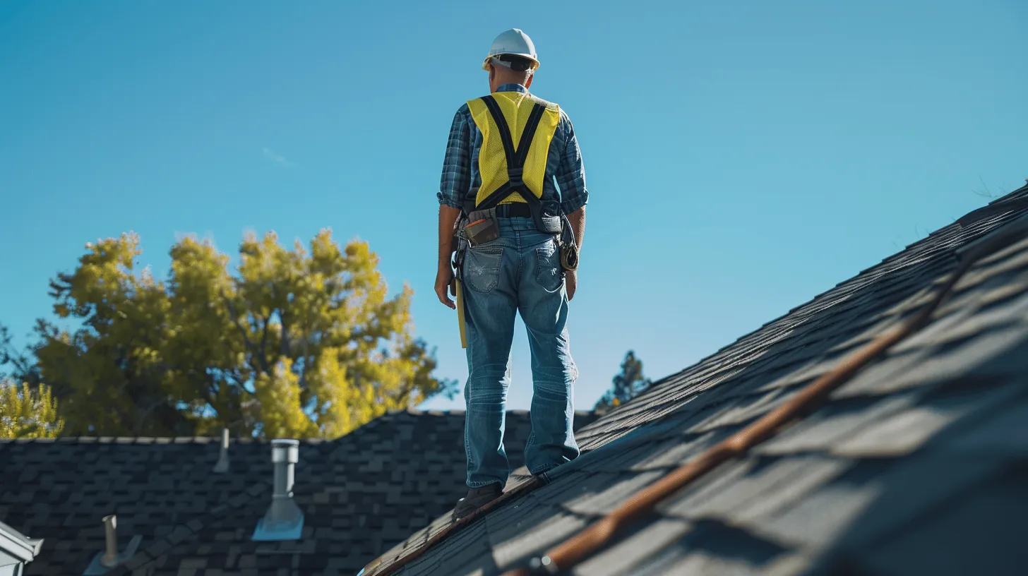 a confident individual inspects a sturdy roof under bright daylight, surrounded by essential inspection tools and a clear blue sky, embodying the theme of proactive home maintenance and safety.