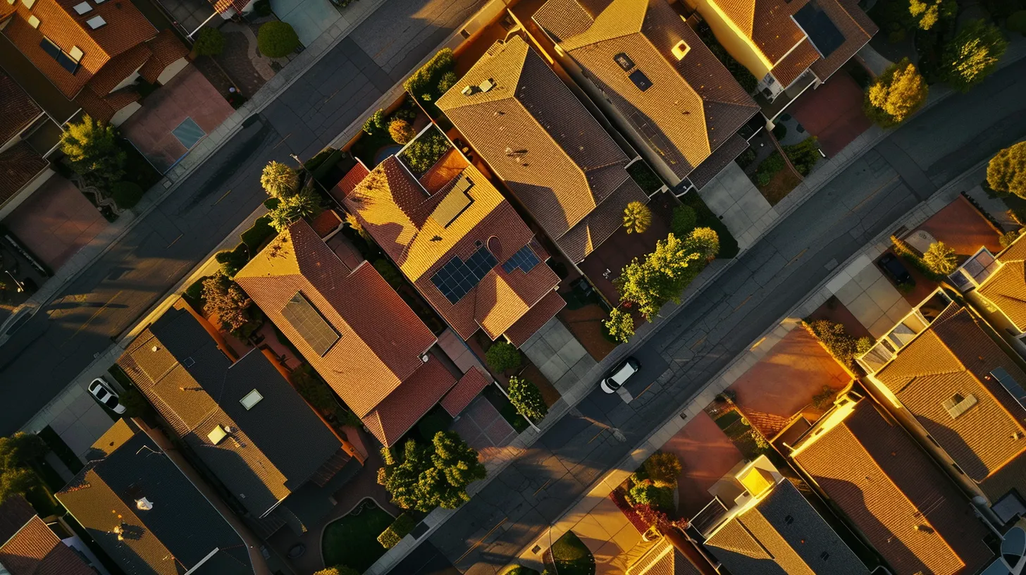 a detailed aerial view of a well-maintained residential roof showcases its vibrant texture and colors, illuminated by soft morning light, emphasizing the importance of regular inspections and ventilation in preserving its integrity against harsh weather.