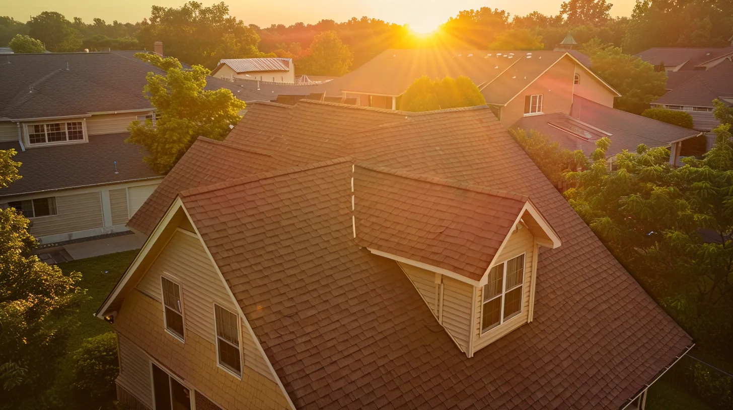 a dramatic aerial view of a residential roof showcases the vibrant interplay of worn shingles, gleaming flashing, and clear gutters under the golden glow of sunset, emphasizing the importance of diligent roof inspections for maintaining structural integrity.