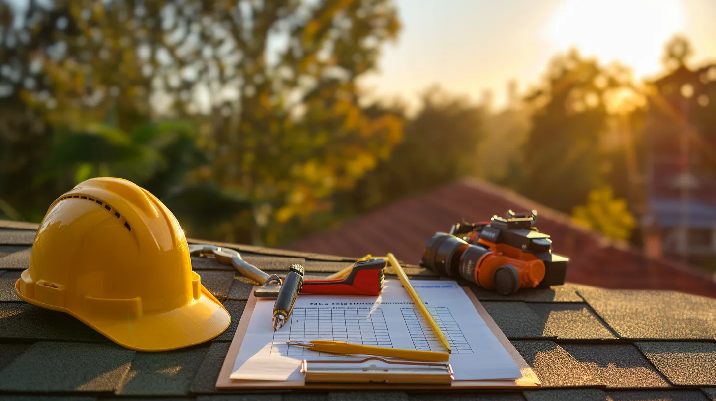 a meticulously organized rooftop with a clear checklist displayed beside essential roofing tools, bathed in warm afternoon sunlight, emphasizing the importance of thorough preparation to avoid costly mistakes.