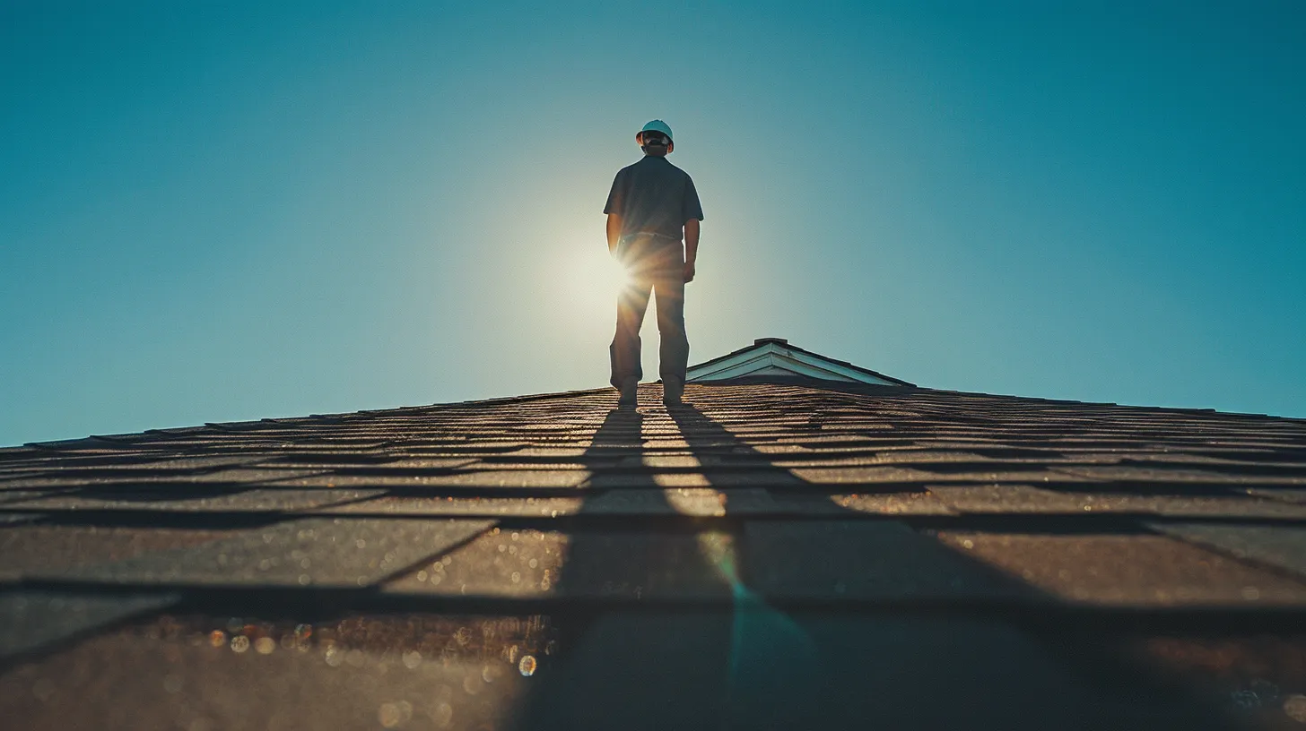 a pristine, sunlit rooftop showcases a diligent roofing inspector examining the shingles, with a backdrop of clear blue skies, emphasizing the importance of regular roof maintenance.