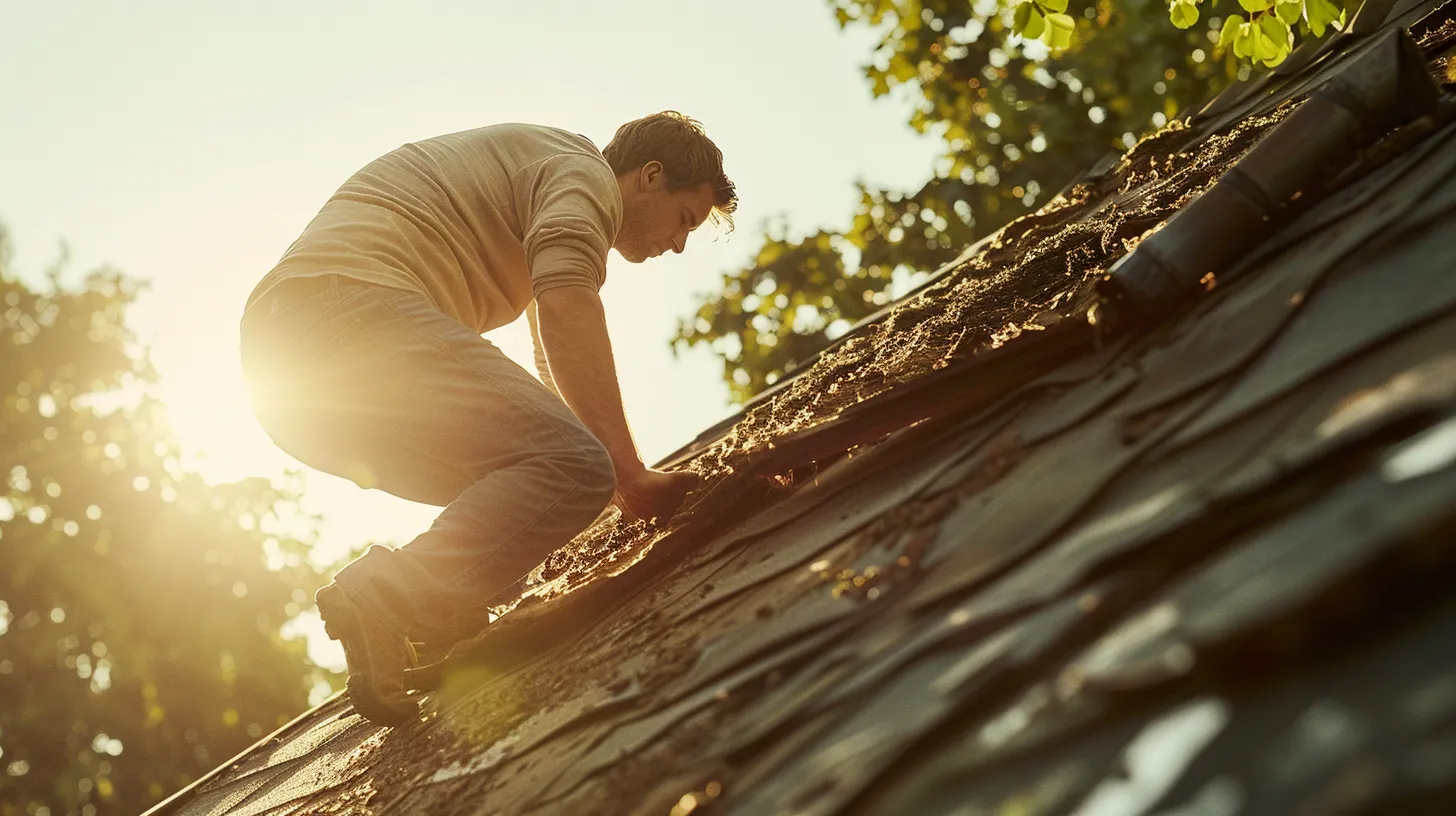 a professional inspector carefully examines a weathered roof under bright sunlight, highlighting signs of wear and water damage to emphasize the importance of routine assessments for home safety.