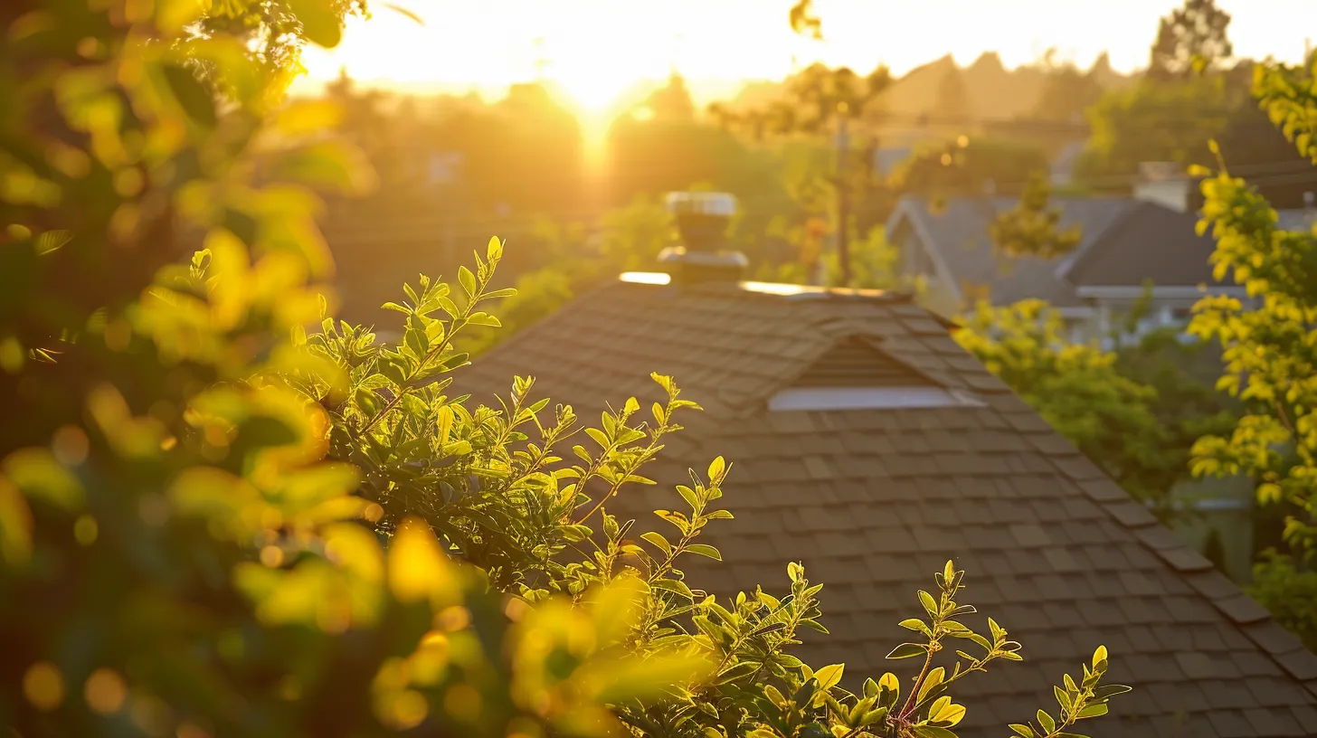 a serene residential rooftop bathed in warm sunlight, showcasing vibrant greenery and a well-maintained shingle roof, symbolizing the importance of regular inspections for home safety and value.