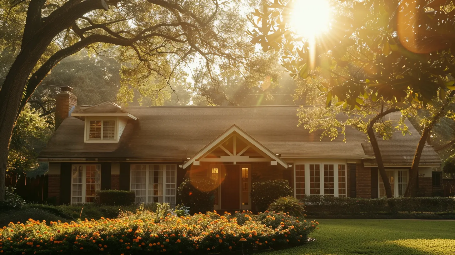 a serene suburban home with a well-maintained roof glistening under the warm sunlight, surrounded by vibrant greenery, symbolizing the importance of regular roof inspections for maintaining its integrity and enhancing property value.