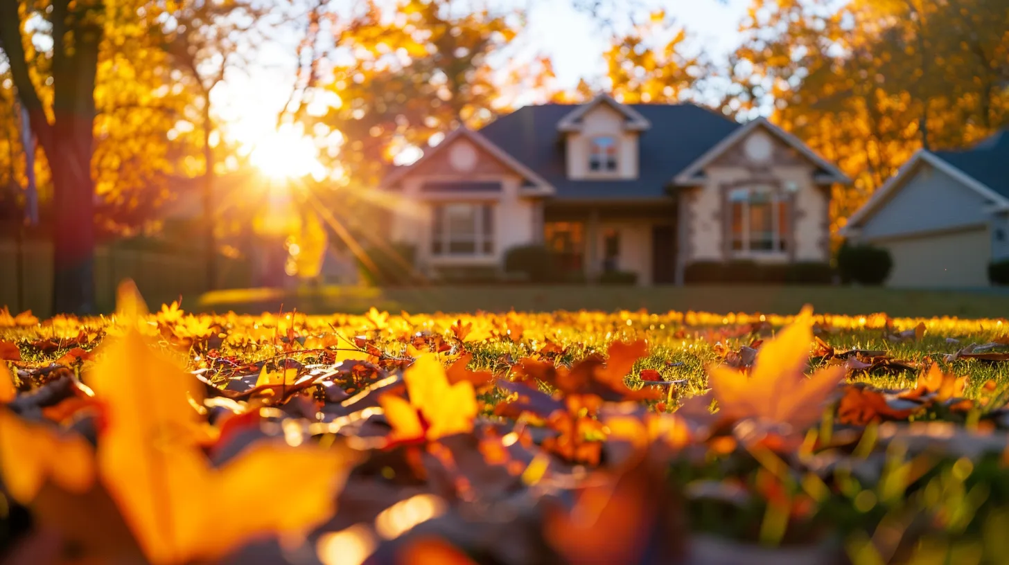 a vibrant autumn landscape showcases a well-maintained home with a sturdy roof, bathed in golden sunlight, highlighting the importance of seasonal roof inspections for lasting protection.