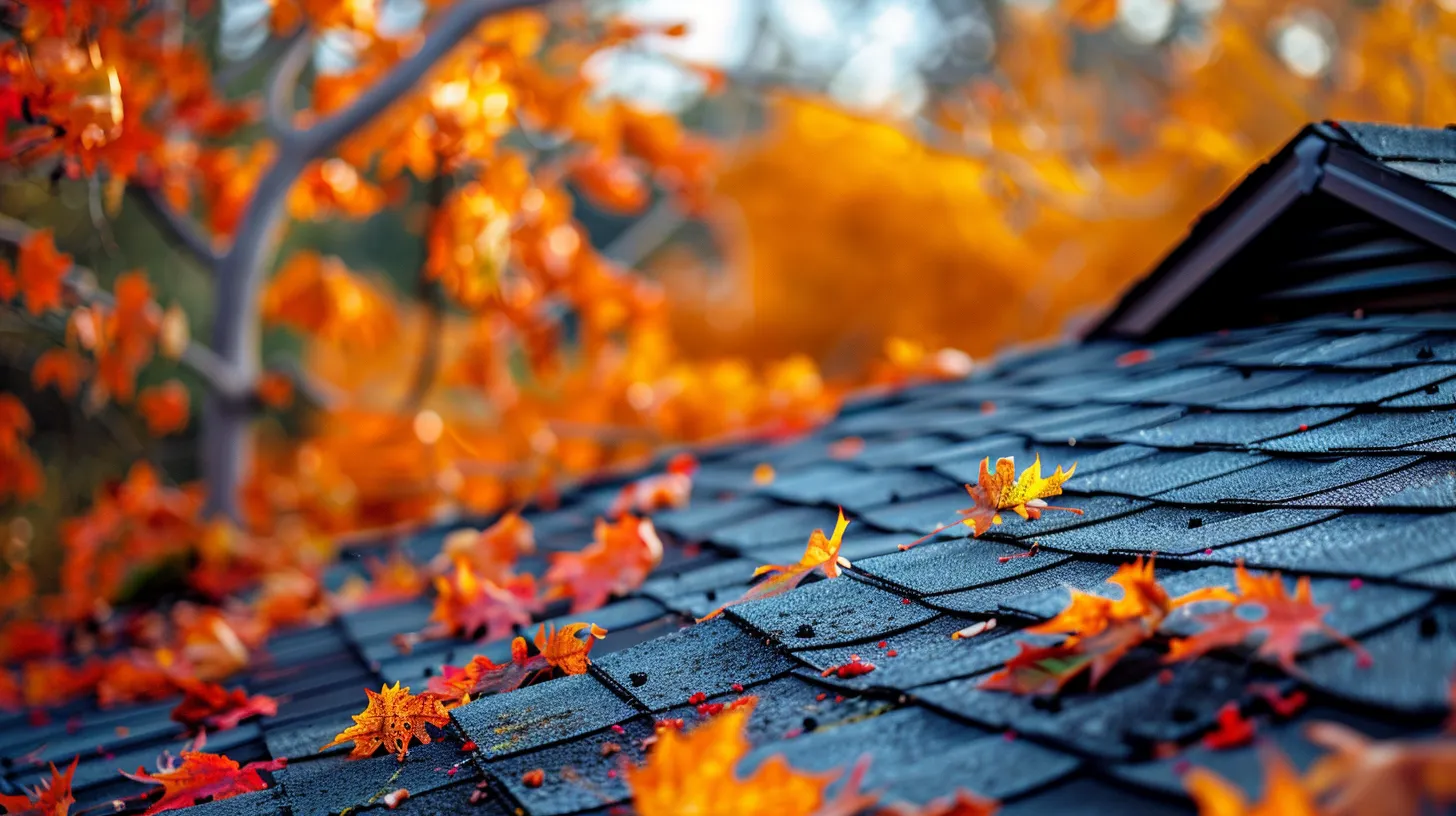 a vibrant autumn landscape showcases a seasoned roof surrounded by colorful fall foliage, perfectly illustrating the importance of seasonal roof inspections in preparation for the impending winter storms.