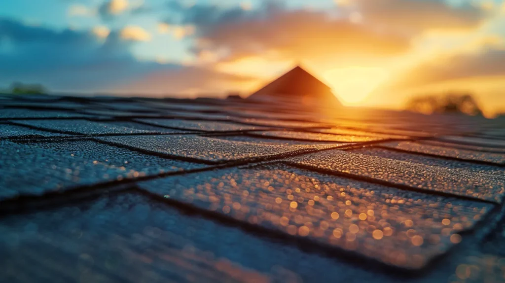 a vibrant rooftop basking in golden sunlight, showcasing expertly maintained shingles and a clear blue sky, symbolizes the importance of crucial roof maintenance for preventing costly repairs.