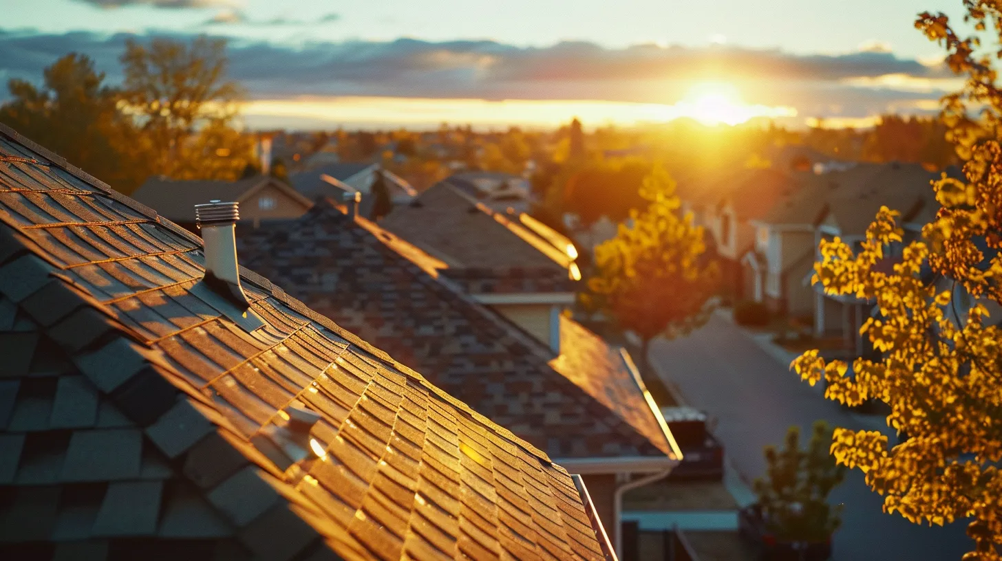 a vibrant, sunlit rooftop showcases a variety of roofing materials, emphasizing the importance of seasonal inspections with a backdrop of changing weather patterns illustrating the impact on longevity.