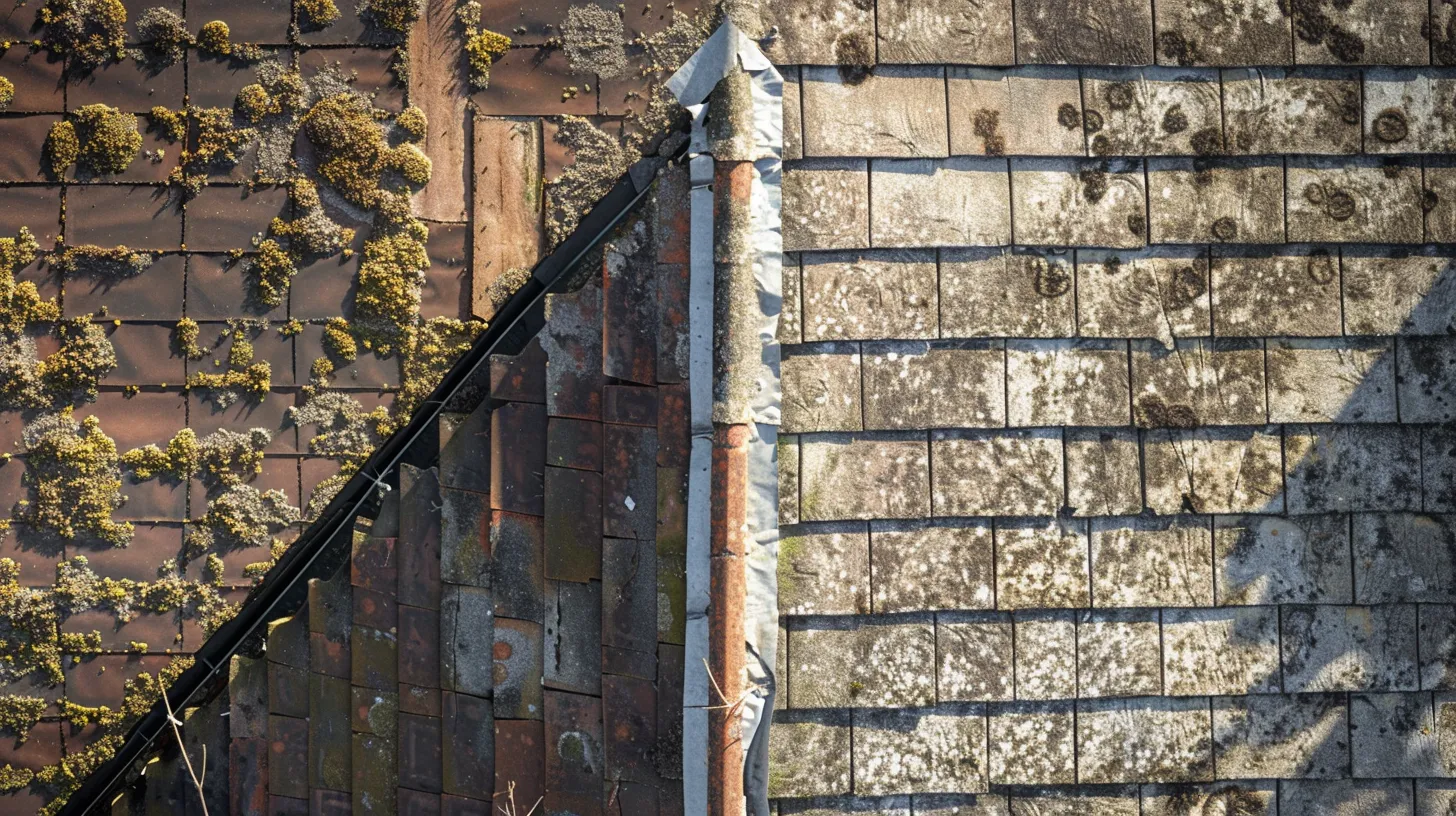 a vivid split-scene captures a weathered, neglected roof on one side, juxtaposed with a pristine, well-maintained roof basking in sunlight, symbolizing the stark contrast between the consequences of delayed inspections and the benefits of regular evaluations.