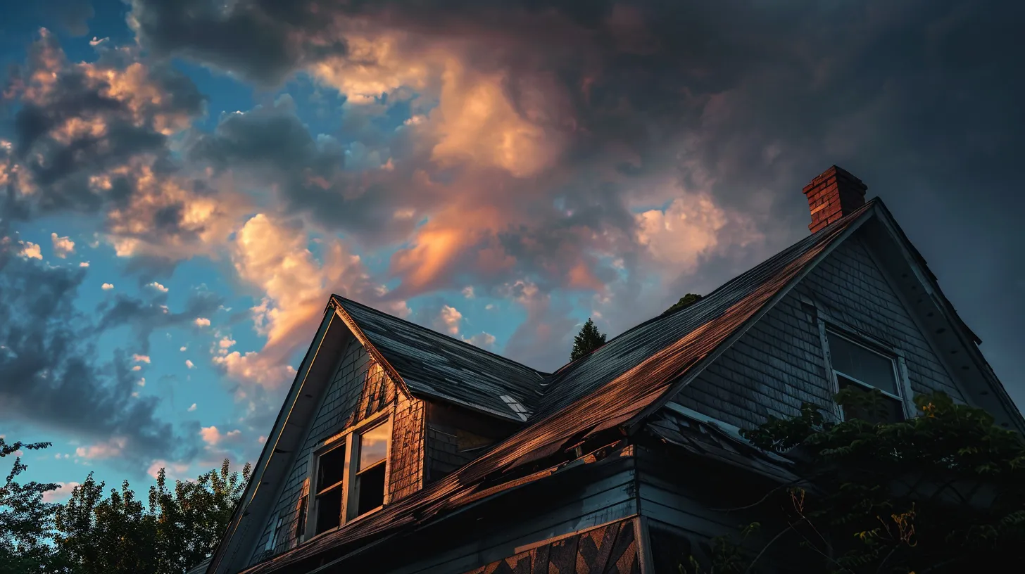 a weathered home with a partially exposed roof under a dramatic twilight sky, highlighting the contrast between old shingles and vibrant new materials ready for installation, symbolizing the decision for a thoughtful roof replacement.