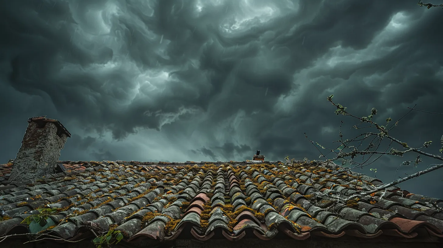 a weathered roof beneath a stormy sky, with dark clouds swirling and branches precariously hanging overhead, vividly illustrating the impact of external factors on roofing integrity.