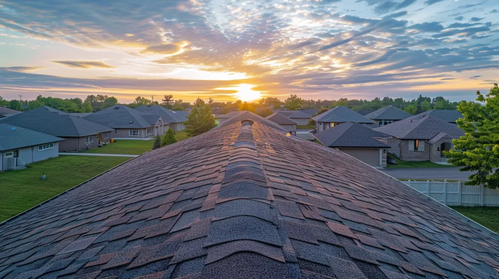 a weathered roof, showing signs of aging and damage under a dramatic sunset, emphasizes the urgent need for replacement amidst a backdrop of a serene suburban neighborhood.