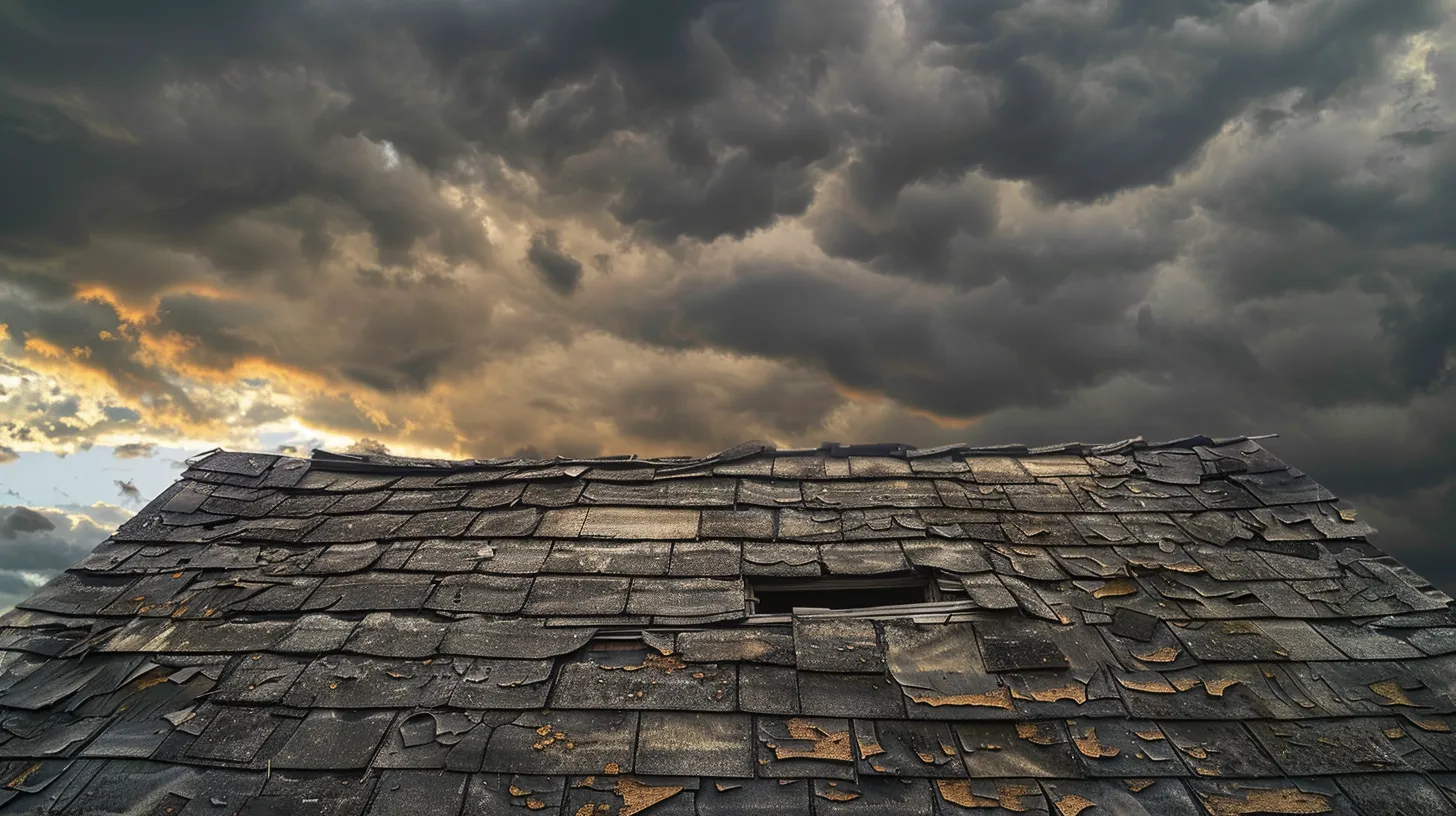 a weathered roof under a dramatic sky showcases missing shingles and deteriorating flashing, highlighting the urgent need for maintenance and replacement to protect the home.