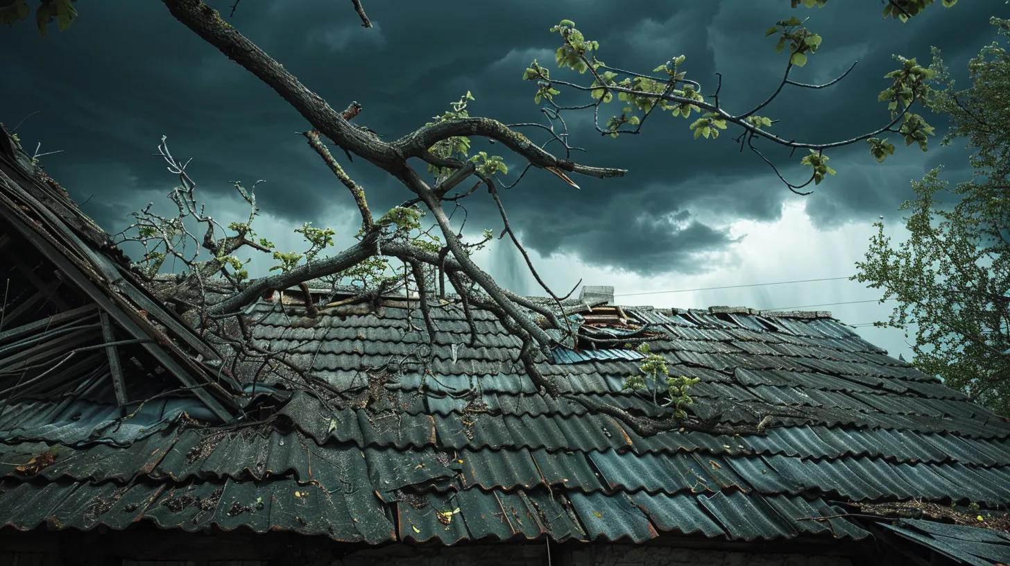 a weathered roof under dark storm clouds, showing signs of wear from falling debris and encroaching tree branches, captures the essence of nature's relentless impact on home maintenance.