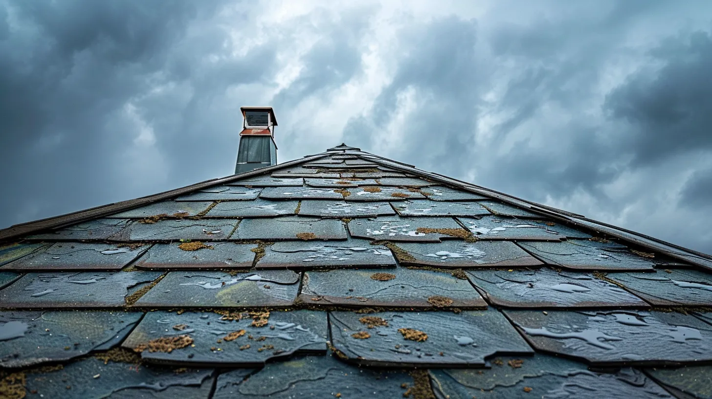 a weathered roof with curling shingles and visible water stains illustrated under dramatic stormy skies, highlighting the urgency of a timely roof replacement.