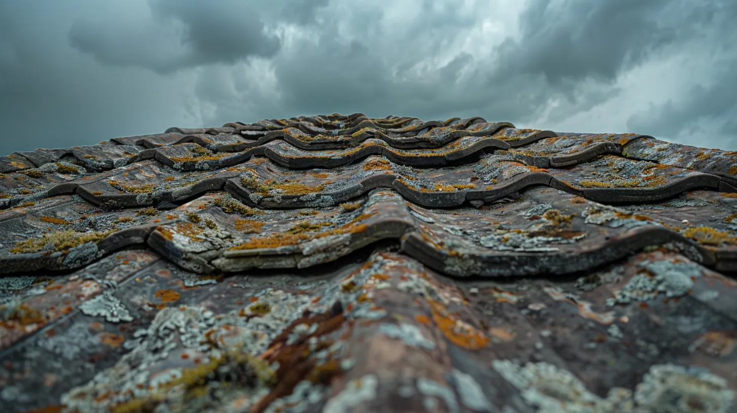 a weathered roof with visible water stains and slight sagging under a dramatic, overcast sky symbolizes the urgent need for evaluation and repair to protect the home beneath it.