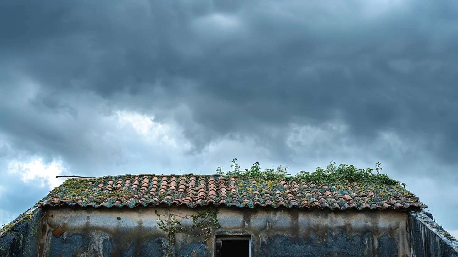 a weathered rooftop displays signs of wear, with curling shingles, patches of mold, and areas of decay, set against a dramatic cloudy sky that hints at an approaching storm, evoking the urgent need for replacement.