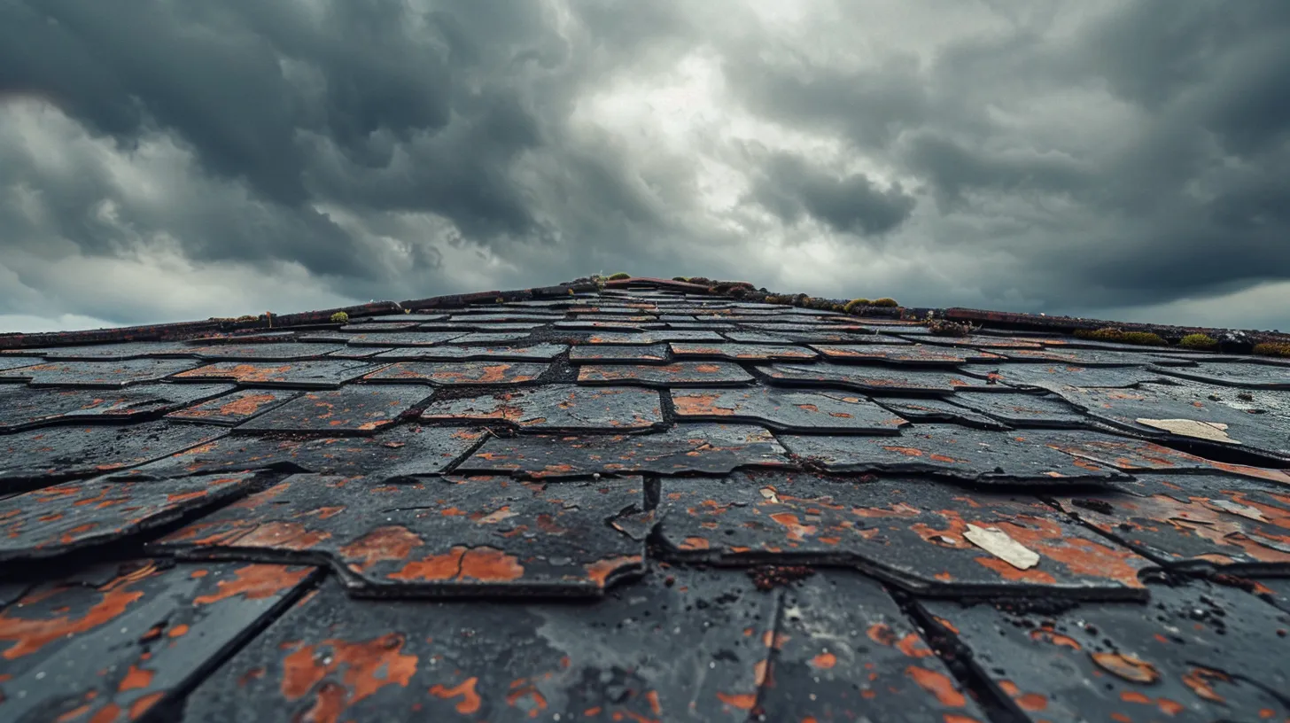 a weathered rooftop exhibits curling and buckling shingles, along with stark patches of granule loss and visible rust spots, under an ominous overcast sky that emphasizes the urgent need for repairs.