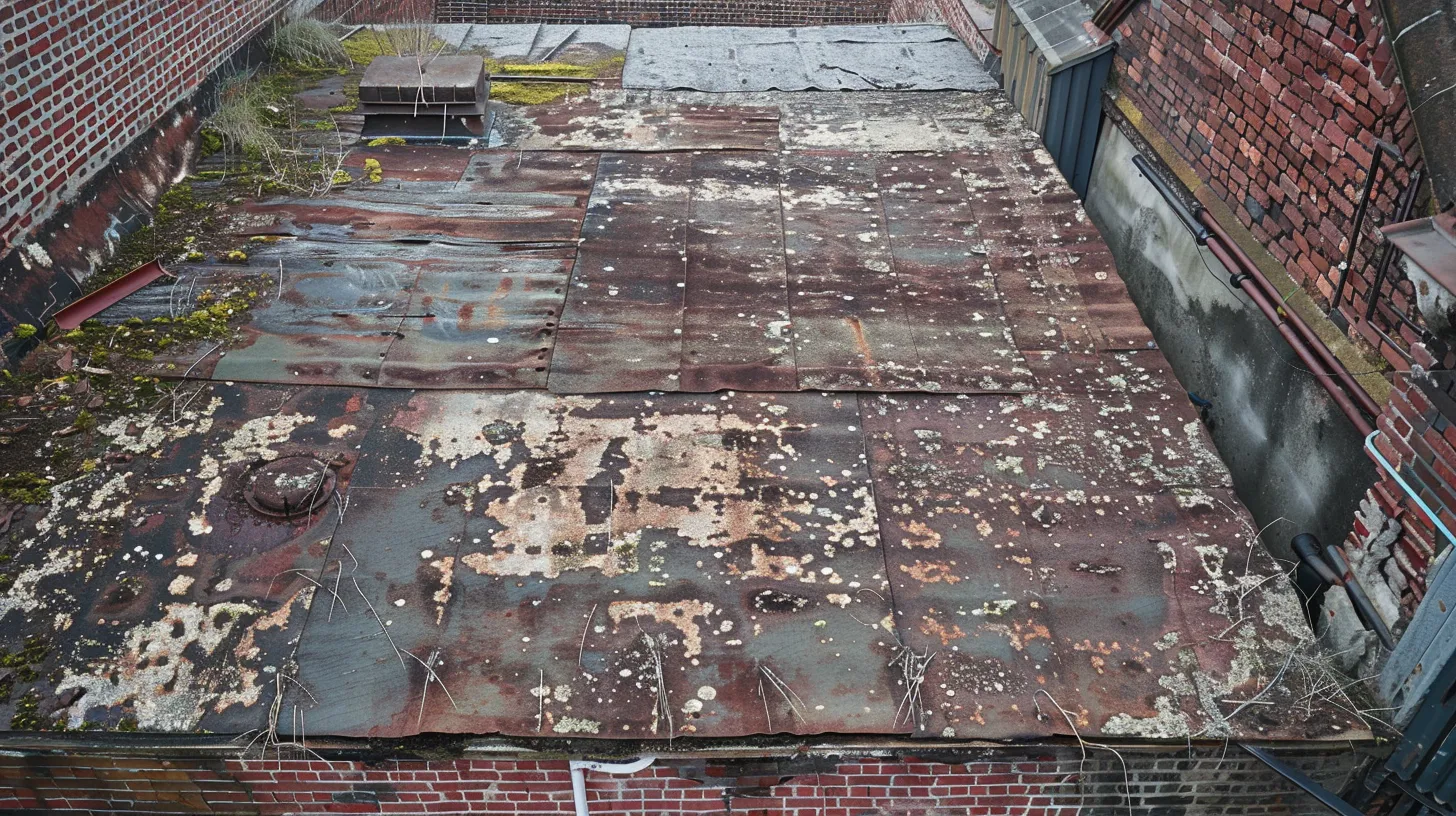 a weathered rooftop showcases distinct stains on the ceiling and walls, damaged shingles, and a noticeable sagging area, vividly illustrating the potential indicators of water intrusion and the urgent need for maintenance.