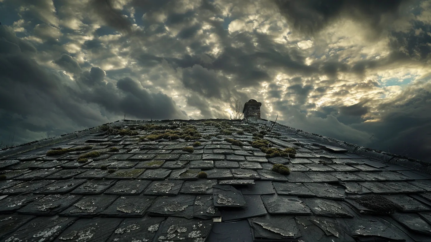 a weathered rooftop showcasing missing shingles and patches of moss, under a dramatic sky after a storm, illuminated by soft golden light, conveying the urgent need for inspection and maintenance.