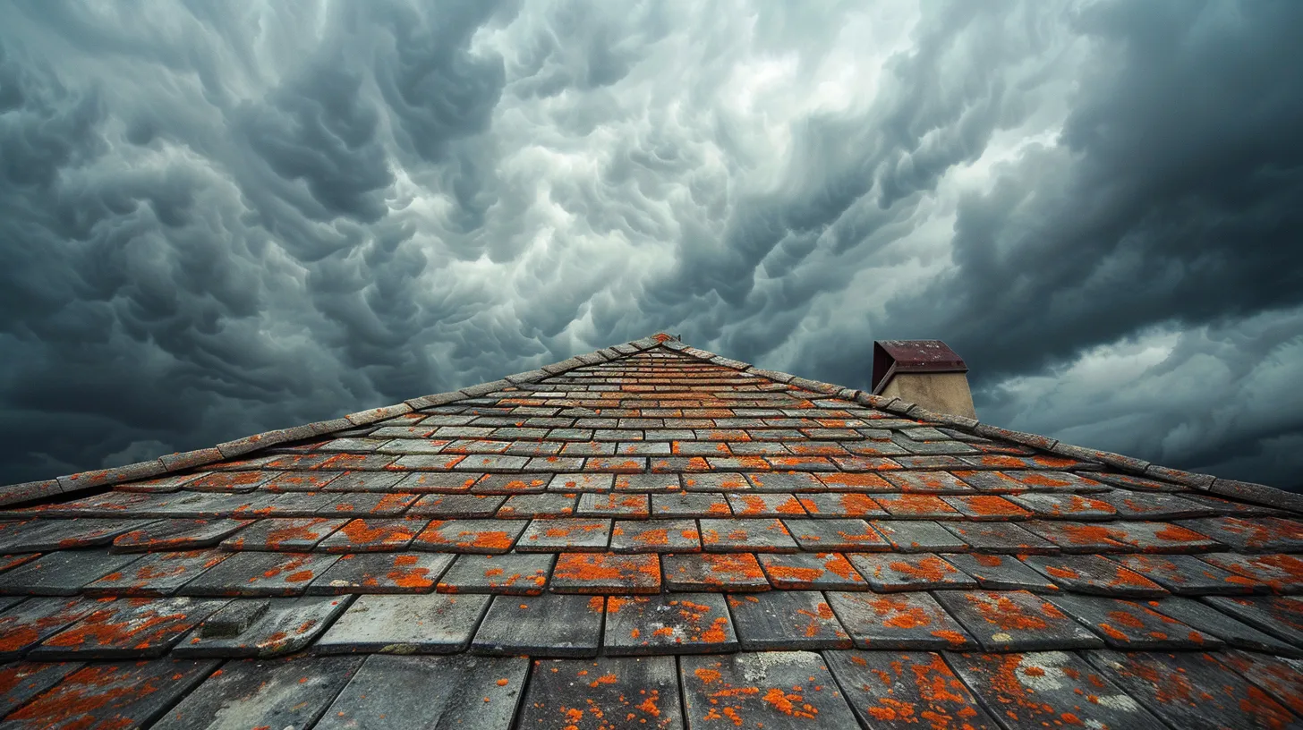 a weathered rooftop under a dramatic sky, showcasing the importance of regular inspections with dark storm clouds looming, emphasizing the vulnerability of aging materials to environmental elements.